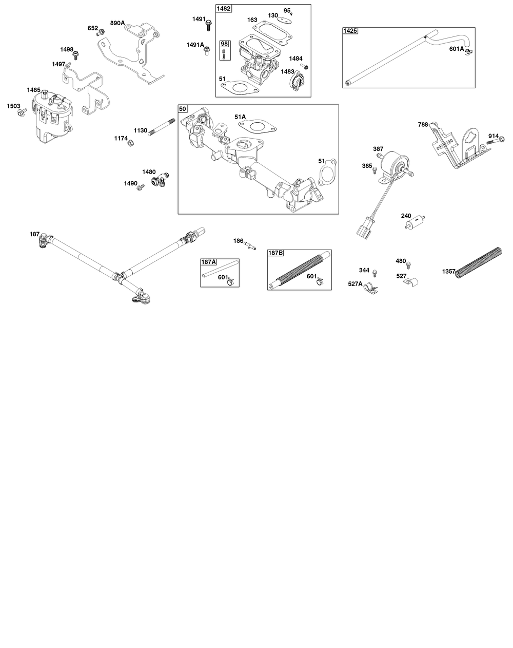 Throttle Body, And Fuel Supply Group Diagram and Parts List for 61E377-0052-J1 400000 - 699999 Briggs and Stratton Engine